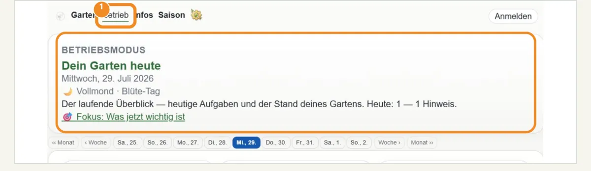 Obere Navigation mit markiertem Einstieg in den Bereich Betrieb