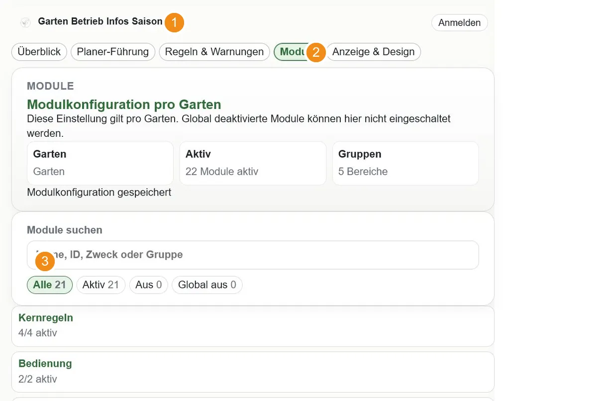 Modulverwaltung mit aktiviertem Bewässerungsmodul