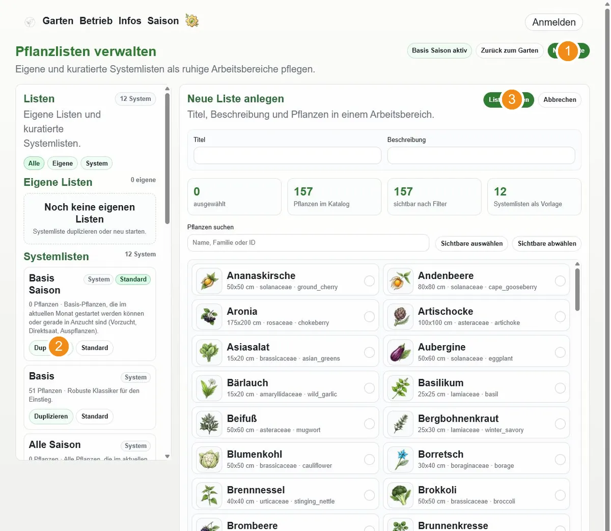 Pflanzlisten-Verwaltung mit eigenen Listen und Systemlisten