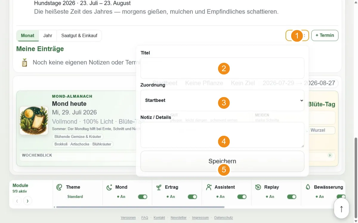 Geöffnetes Formular zum Anlegen einer Monatsnotiz