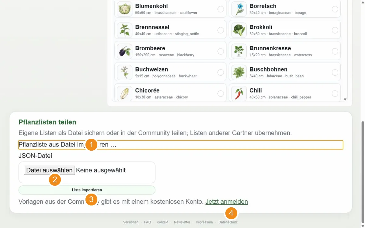 Pflanzlisten importieren und in der Community teilen