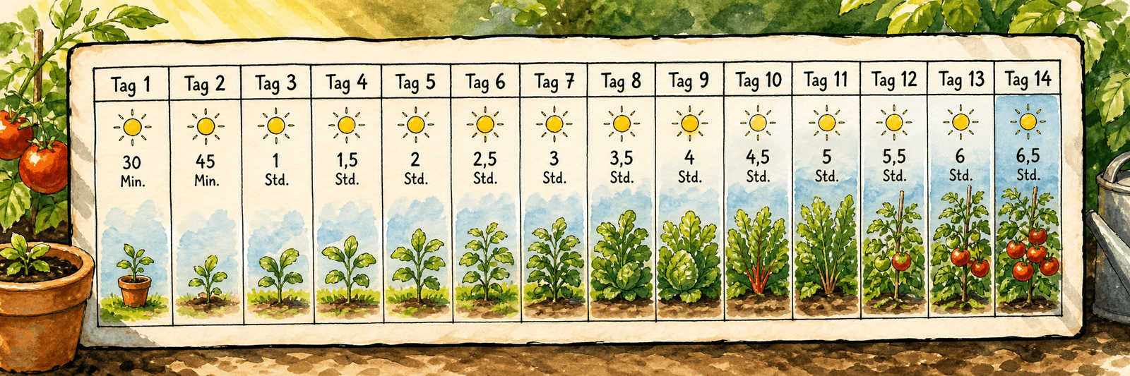 7-14-Tage-Kalender mit von Tag zu Tag steigenden Stunden im Freien
