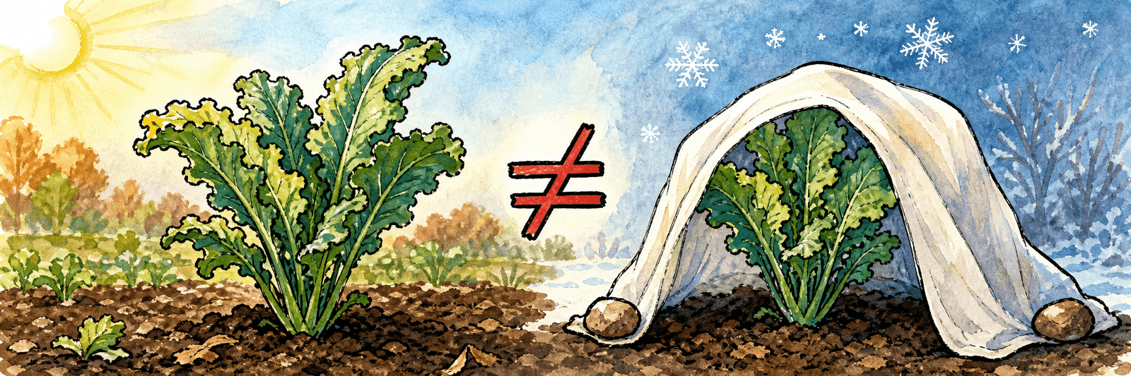Abgehärtete Pflanze, die trotzdem ein Vlies gegen Frost braucht — Abhärten ist kein Frostschutz-Ersatz