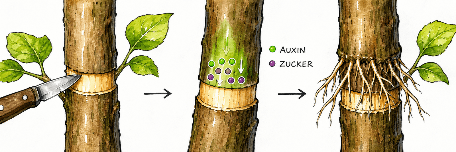 Ringelung des Triebs: der Rindenring mit dem Phloem ist entfernt, darüber stauen sich Auxin und Zucker und lösen Adventivwurzeln aus