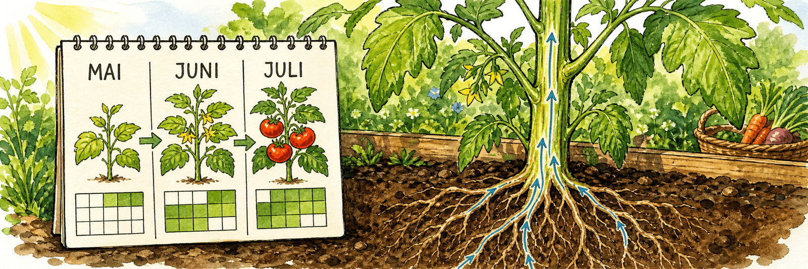 Kalender von Mai bis Juli als beste Abmoos-Zeit, wenn die Pflanze im aktiven Saftfluss steht und schnell Wurzeln bildet