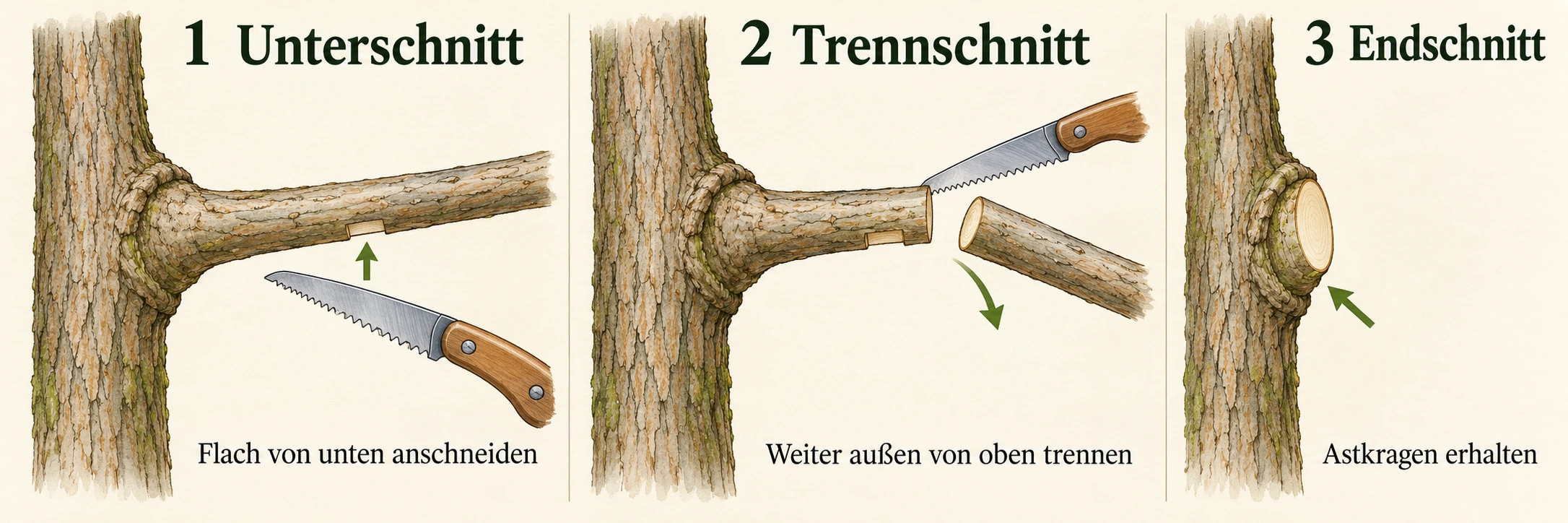 Drei-Schnitt-Verfahren: flacher Unterschnitt von unten, Trennschnitt weiter außen von oben und Endschnitt knapp außerhalb des erhaltenen Astkragens
