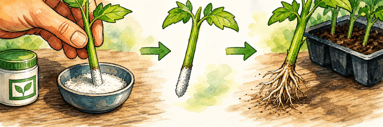 Ein Steckling wird in Bewurzelungspulver getaucht, am unteren Ende bilden sich neue Wurzeln