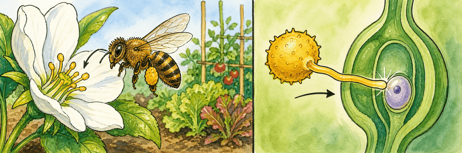 Zweigeteiltes Bild: links trägt eine Biene Pollen zur Blüte (Bestäubung), rechts verschmelzen Pollen- und Eizelle (Befruchtung)