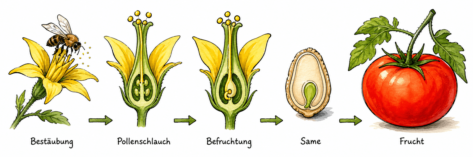 Beschriftete Abfolge mit Pfeilen vom Pollen bis zur reifen Frucht: Bestäubung, Pollenschlauch, Befruchtung, Same, Frucht