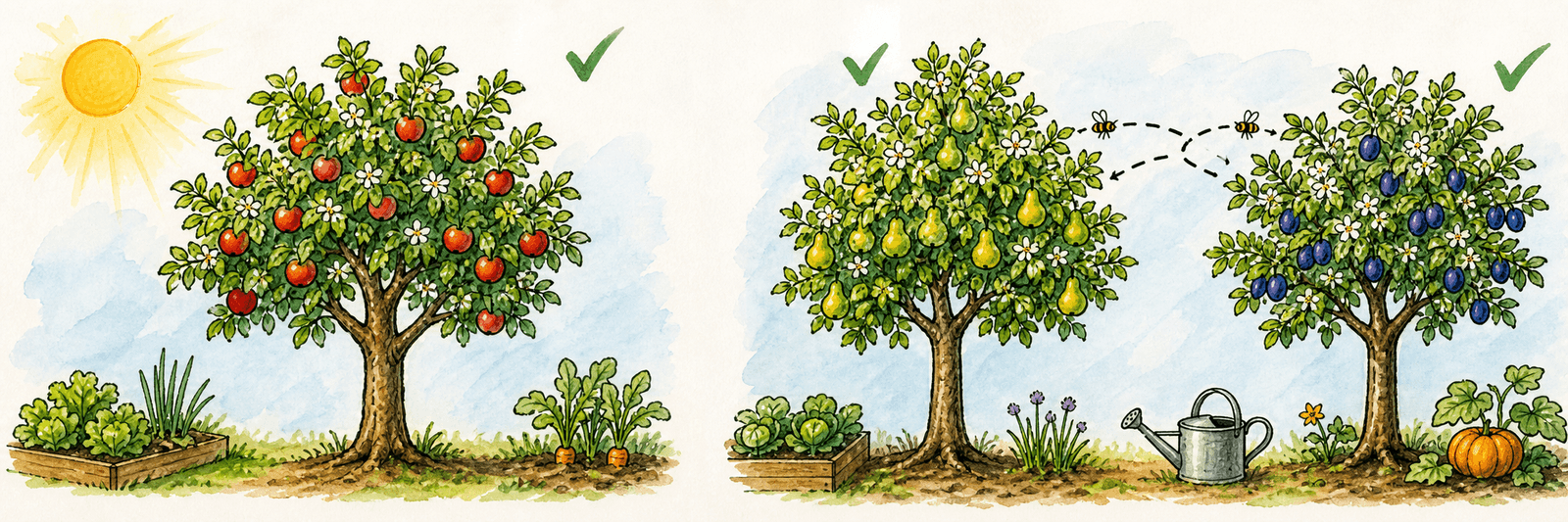 Vergleich zweier Obstbäume: ein selbstfruchtbarer Baum trägt allein Früchte, ein selbststeriler braucht eine zweite, andere Sorte als Befruchter