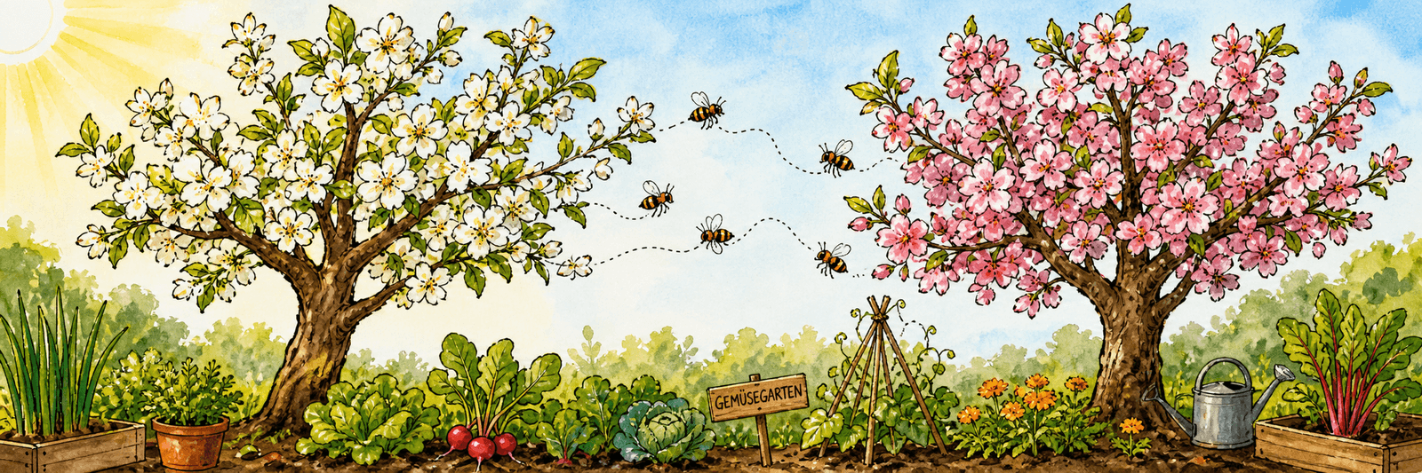 Zwei Obstbäume blühen gleichzeitig, Bienen pendeln zwischen ihnen und übertragen den Pollen von Baum zu Baum