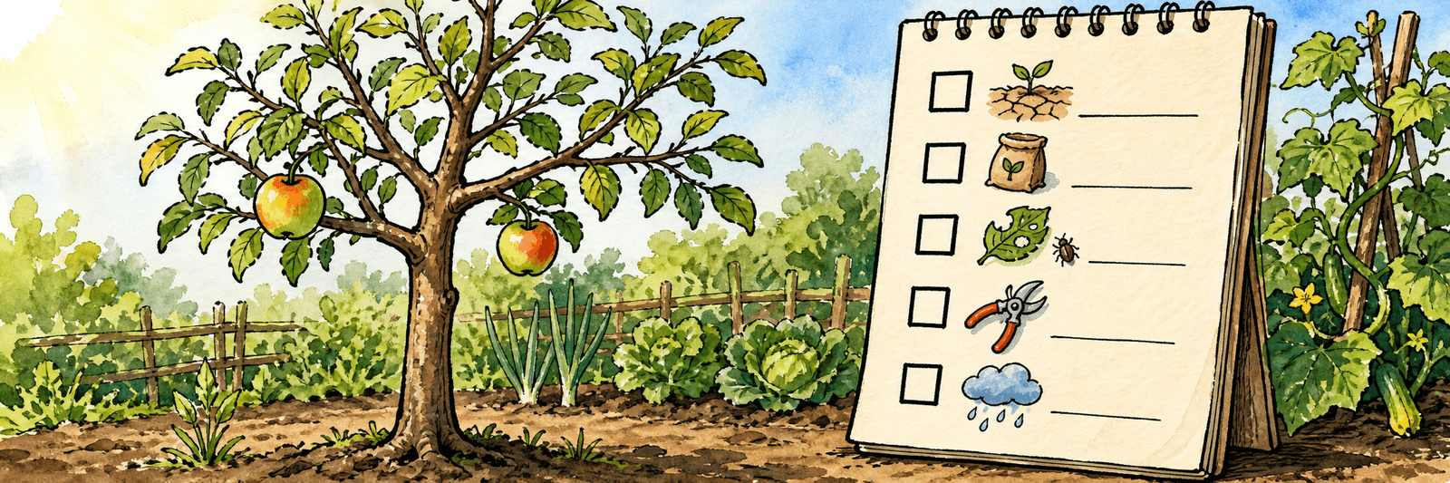 Ein Obstbaum mit nur wenigen Früchten, daneben eine Checkliste der möglichen Ursachen für mageren Fruchtansatz