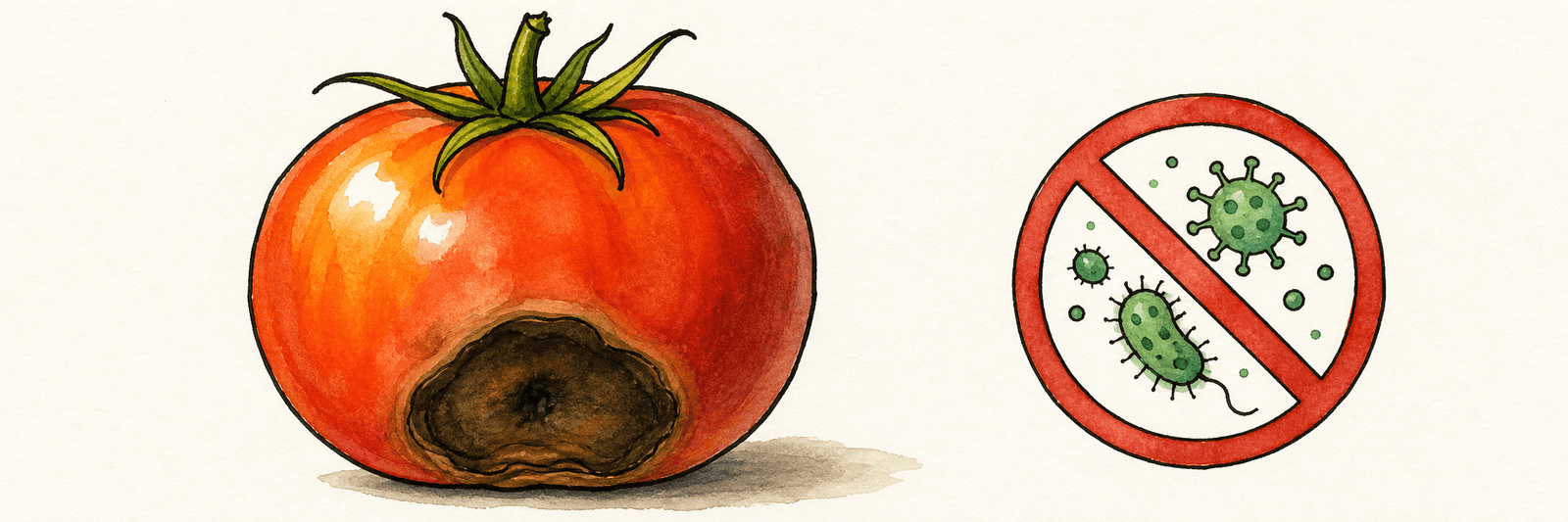 Tomate mit dunkler, eingesunkener Spitze neben einem durchgestrichenen Erregersymbol — physiologische Störung ohne Pilz