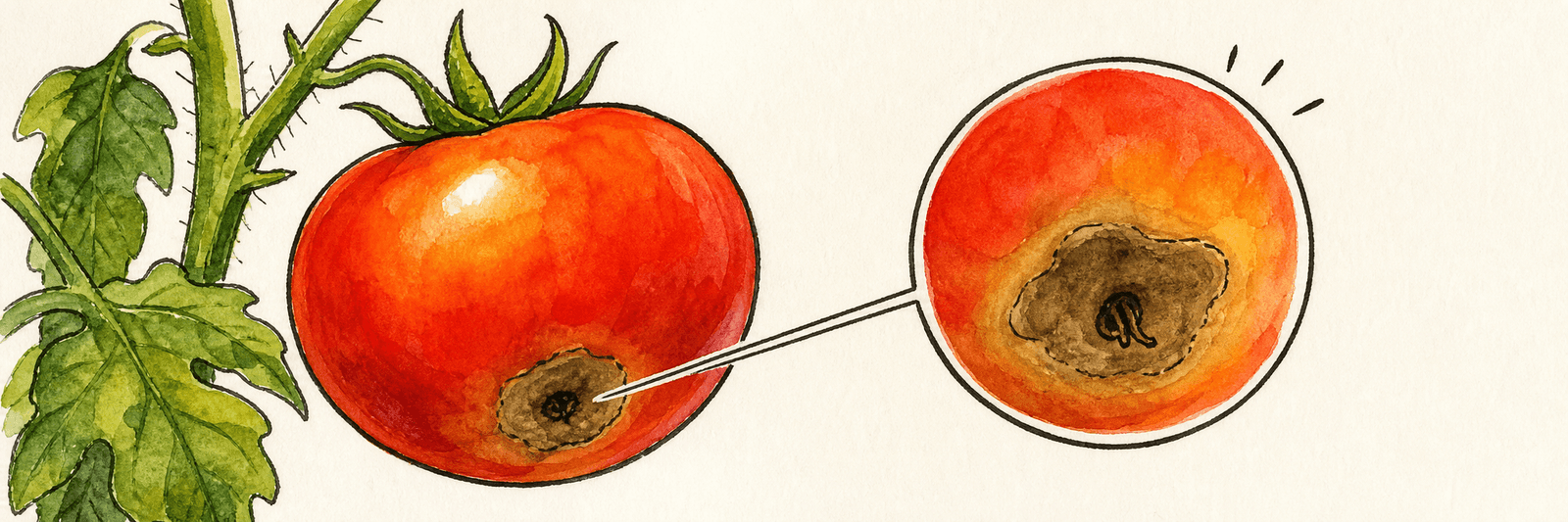 Tomate, deren Blütenende an der Fruchtspitze als calciumarm markiert ist