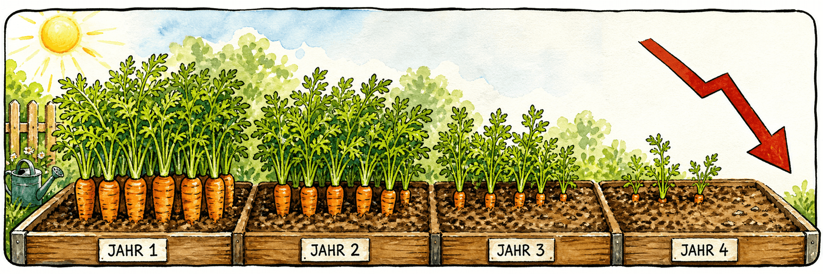 Dieselbe Kultur Jahr für Jahr im selben Beet, der Ertrag sinkt — angedeutet durch einen Abwärtspfeil