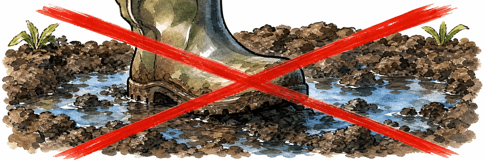 Verdichteter, staunasser Boden mit schwerem Stiefel und stehendem Wasser, rot durchgestrichen — Verdichtung und Nässe pressen die Grobporen zu