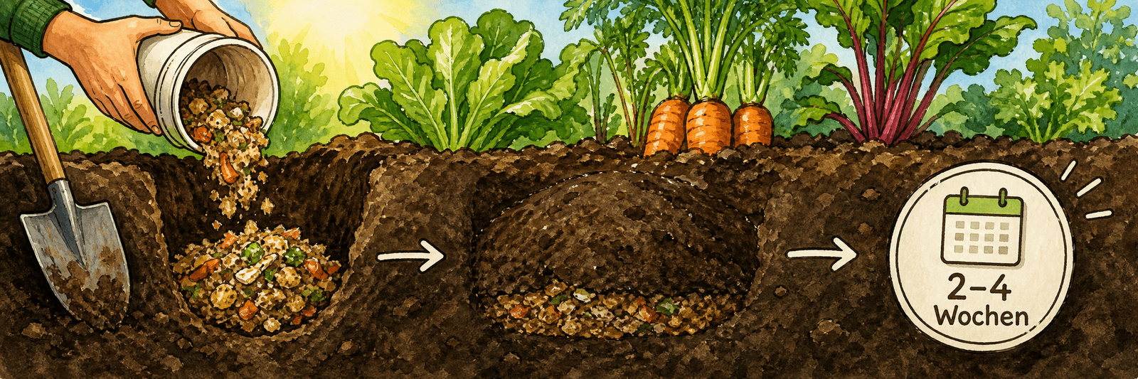 Bokashi-Ferment wird in die Erde eingegraben und reift dort zwei bis vier Wochen nach