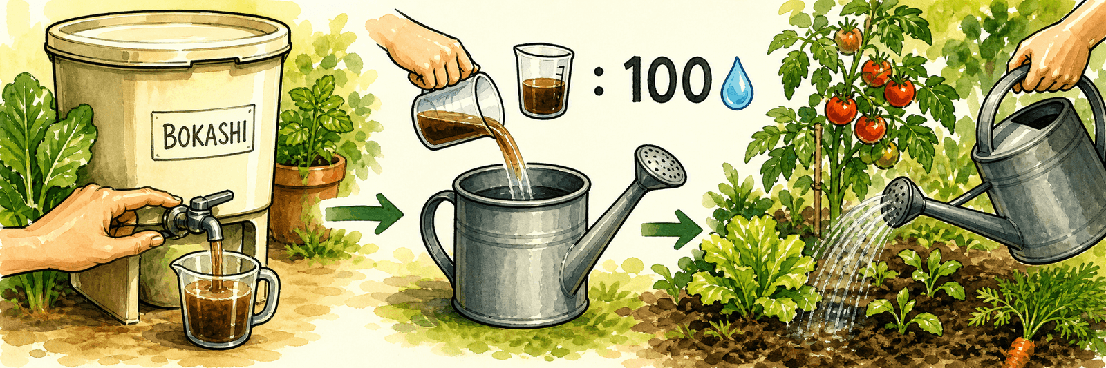 Abgezapfter Bokashi-Saft wird 1:100 mit Wasser verdünnt und als Flüssigdünger verwendet