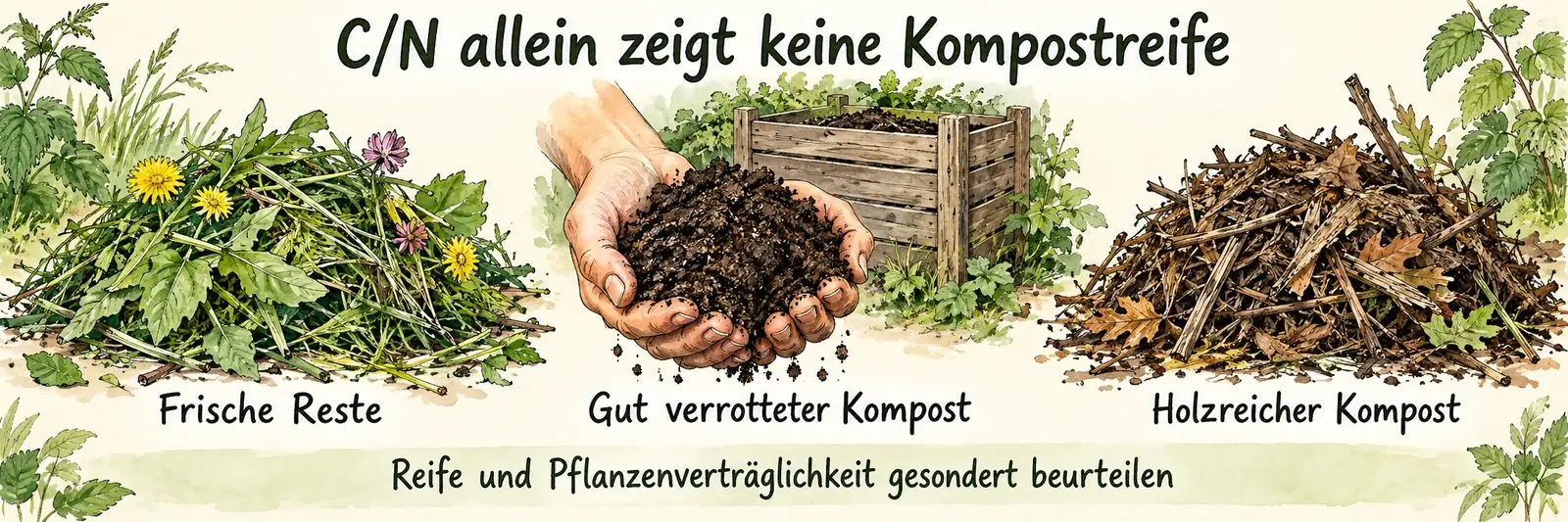 Frische Pflanzenreste, gut verrotteter Kompost und holzreicher Kompost im Vergleich: C/N allein zeigt keine Kompostreife; Reife und Pflanzenverträglichkeit gesondert beurteilen