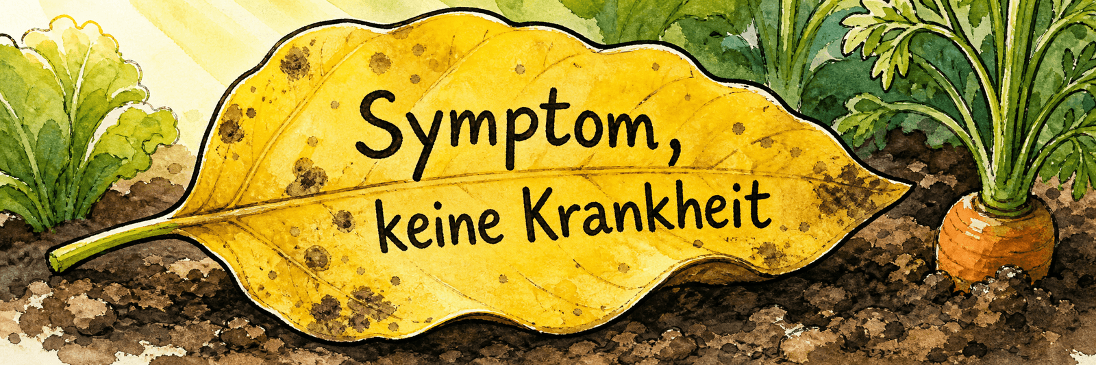 Gelbes Blatt mit Notiz, dass Chlorose ein Symptom und keine eigenständige Krankheit ist