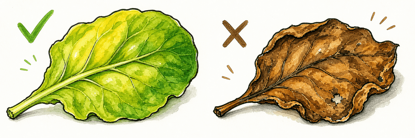 Vergleich eines noch grünen chlorotischen Blattes mit einem braunen nekrotischen Blatt