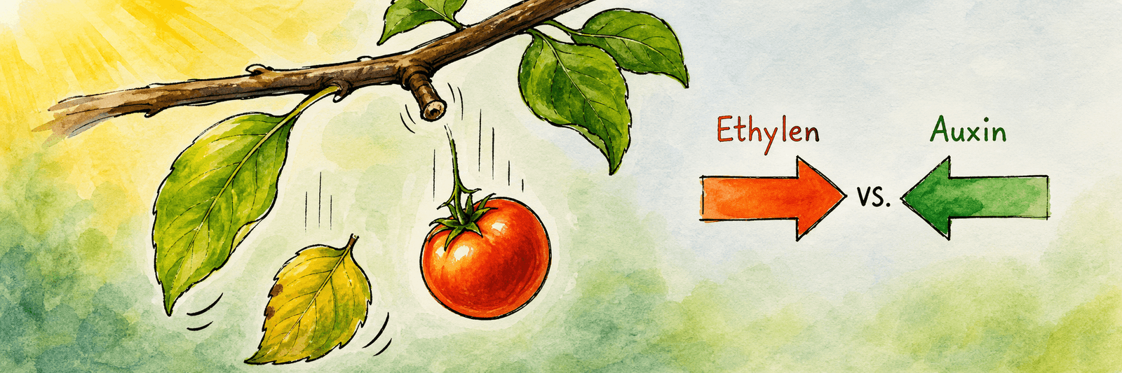 Ein Blatt und eine Frucht fallen vom Zweig, Ethylen- und Auxin-Pfeile wirken gegeneinander
