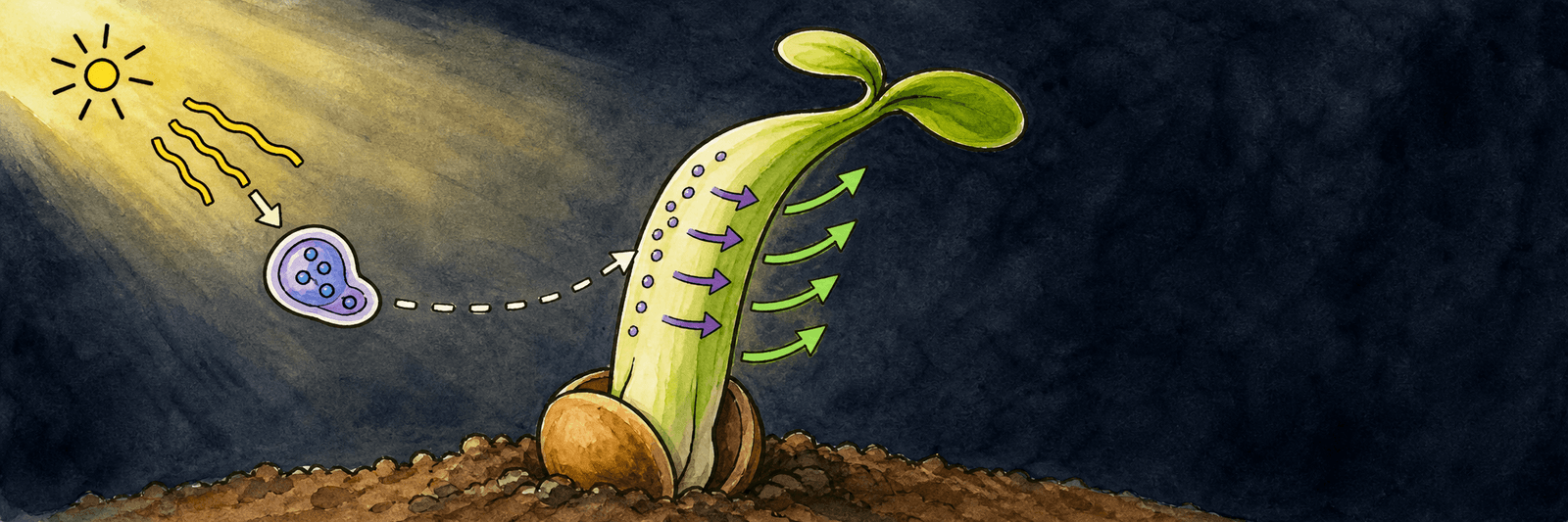 Keimling im Dunkeln mit Lichtsensor-Symbolen für Phytochrom und Cryptochrom sowie Auxin-Pfeilen, die die Streckung antreiben