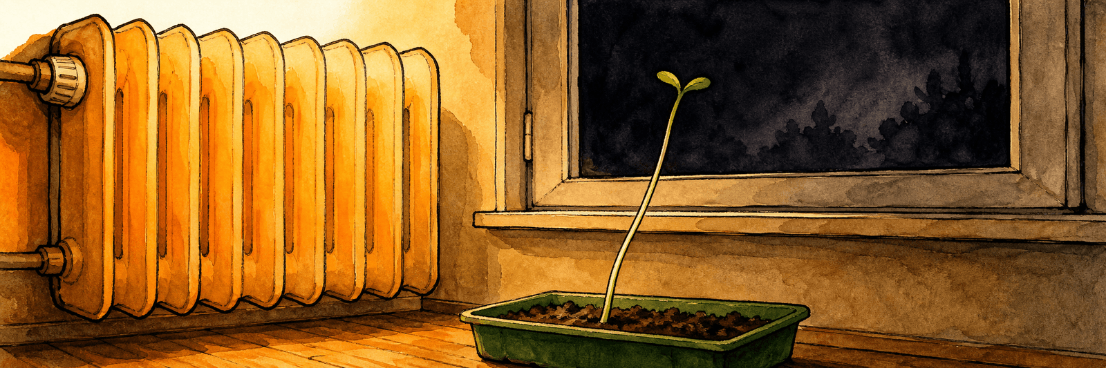 Warmer Heizkörper und dunkles Fenster über einem vergeilten Keimling — warm, aber zu wenig Licht