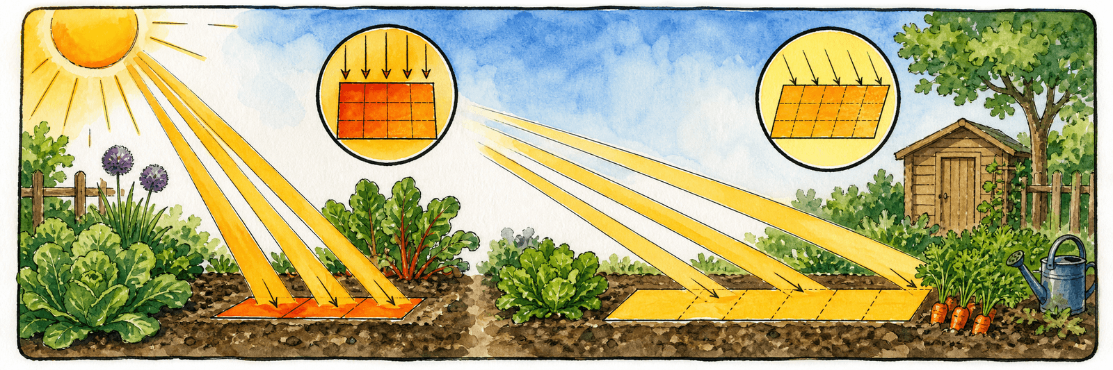 Sonnenwinkel-Diagramm: steile Strahlen bündeln viel Energie pro Quadratmeter, flache Strahlen verteilen die Energie auf mehr Fläche