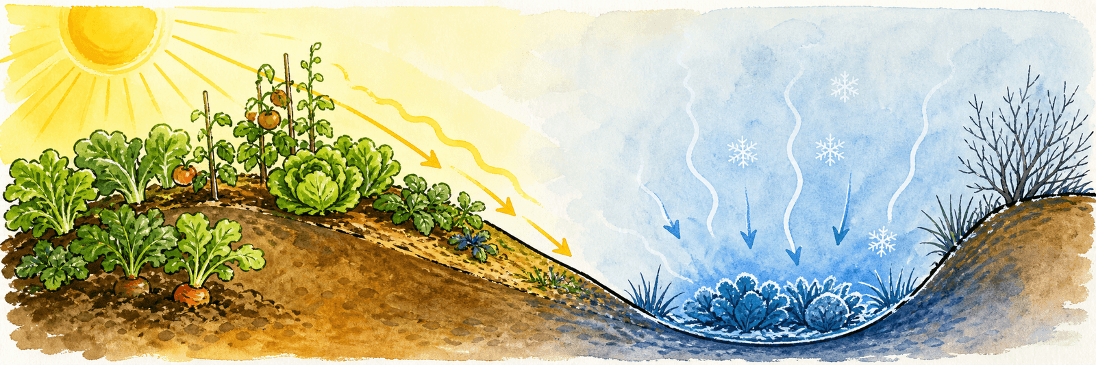Ein Hang verstärkt Sonne und Kälte, während kalte Luft in die Senke am Hangfuß fließt und dort ein Frostloch entstehen lässt