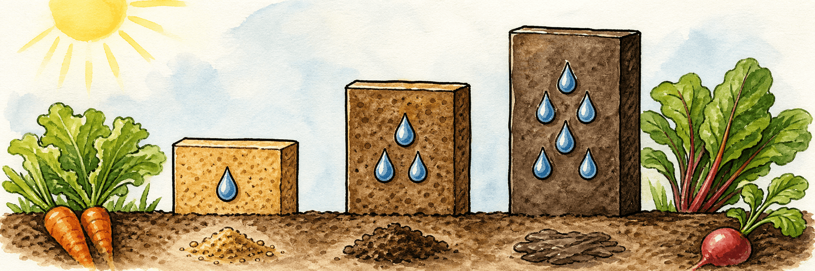 Balkenvergleich der Wasserhaltefähigkeit von Sand, Lehm und Ton