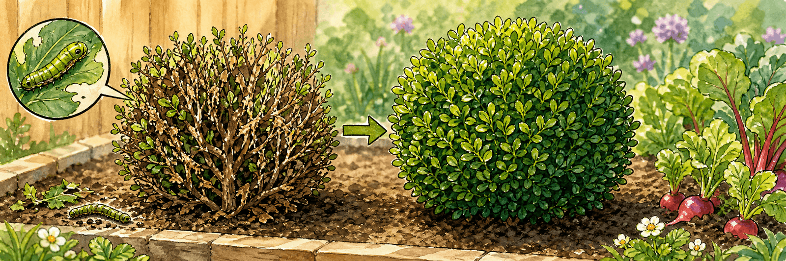 Ilex-crenata-Kugel ersetzt einen durch Zünsler und Triebsterben geschädigten Buchsbaum