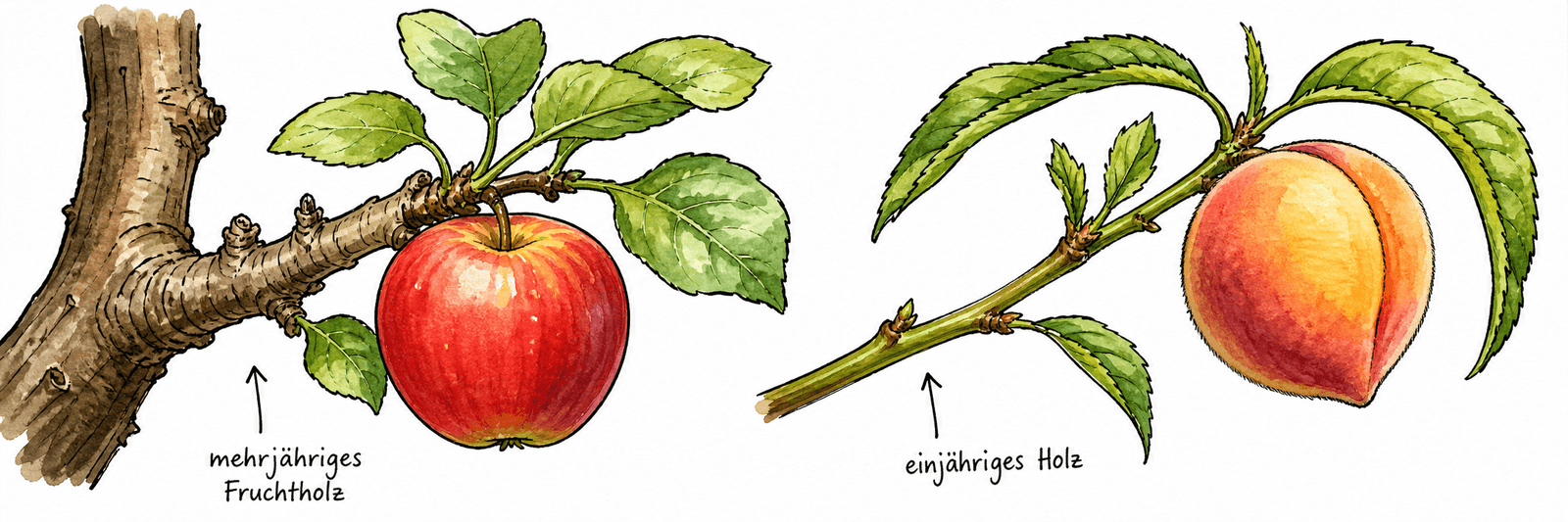 Vergleich: Apfel trägt am mehrjährigen Fruchtholz, Pfirsich am einjährigen Langtrieb