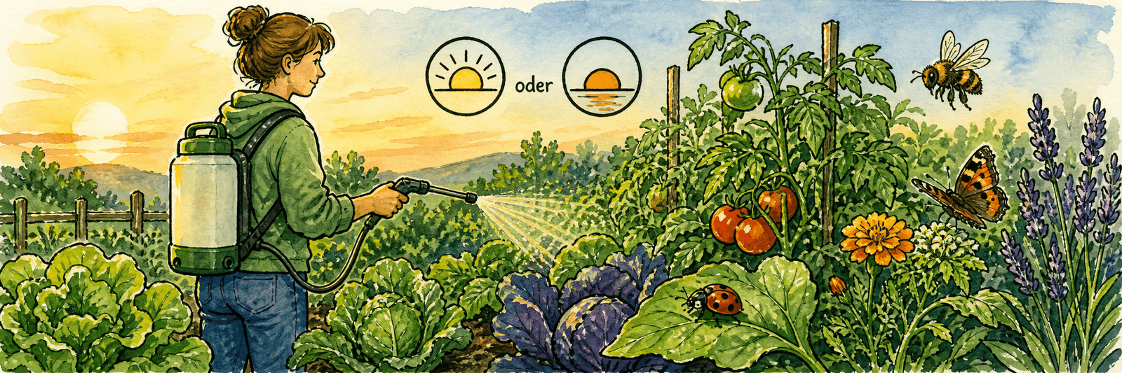 Morgens oder abends spritzen, nie in praller Sonne, und Nützlinge schonen