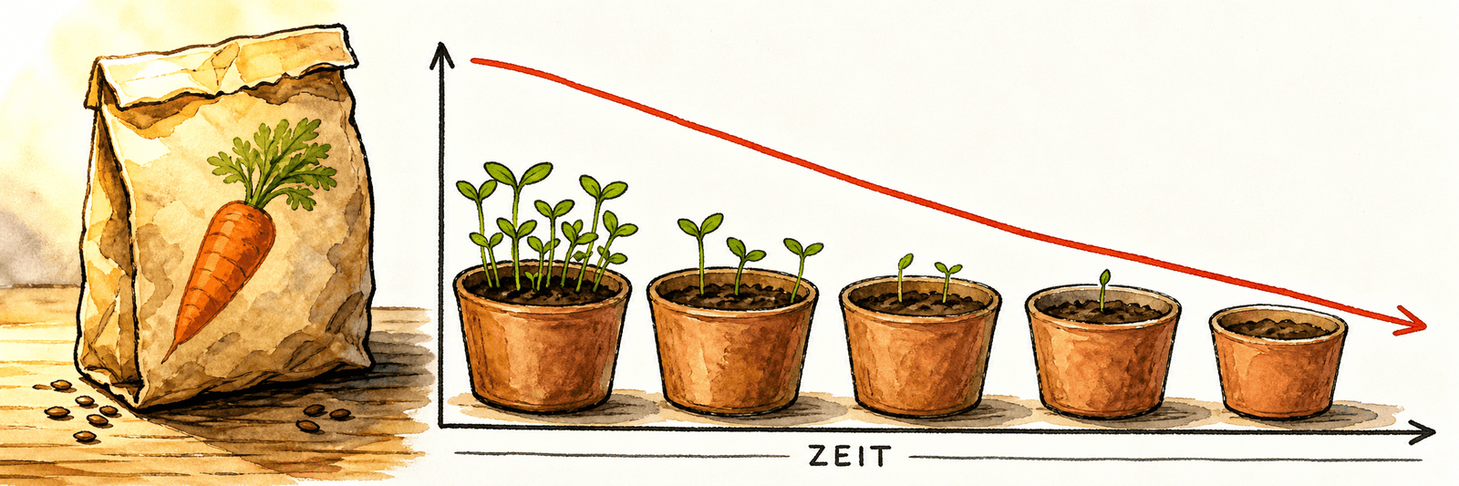 Alte Saattüte mit nachlassender Keimung und eine über die Zeit fallende Keimrate-Kurve
