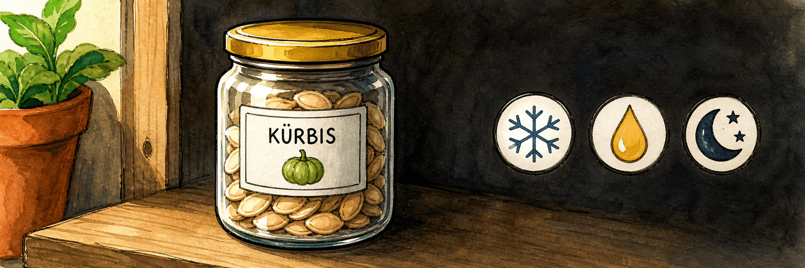 Beschriftetes Saatglas, kühl, trocken und dunkel gelagert, mit erläuternden Icons