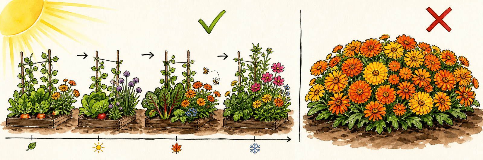 Stetige Verteilung von Blüten über die Zeit schlägt eine einmalige große Masse