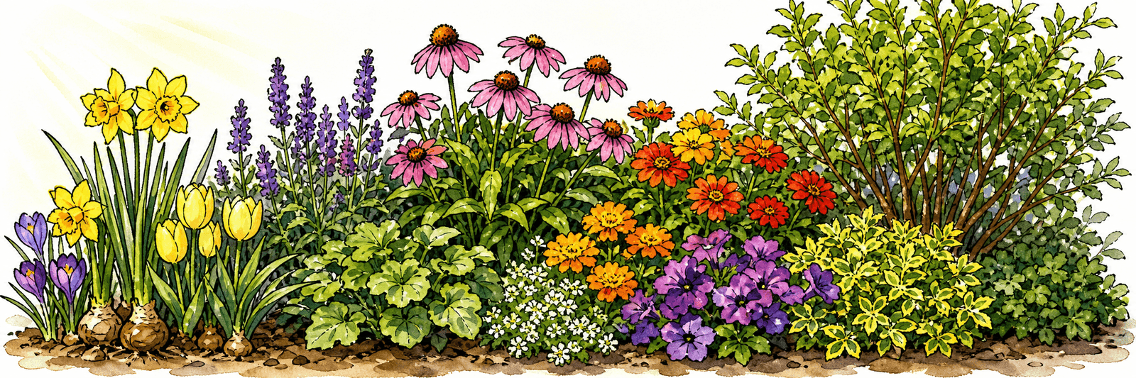 Vier kombinierte Pflanzentypen: Zwiebelblumen, Stauden, Sommerblumen und Gehölze