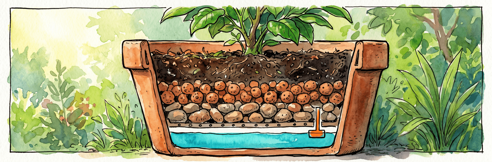 Topfquerschnitt mit Drainageschicht, Tongranulat und Wasserspeicher gegen Staunässe