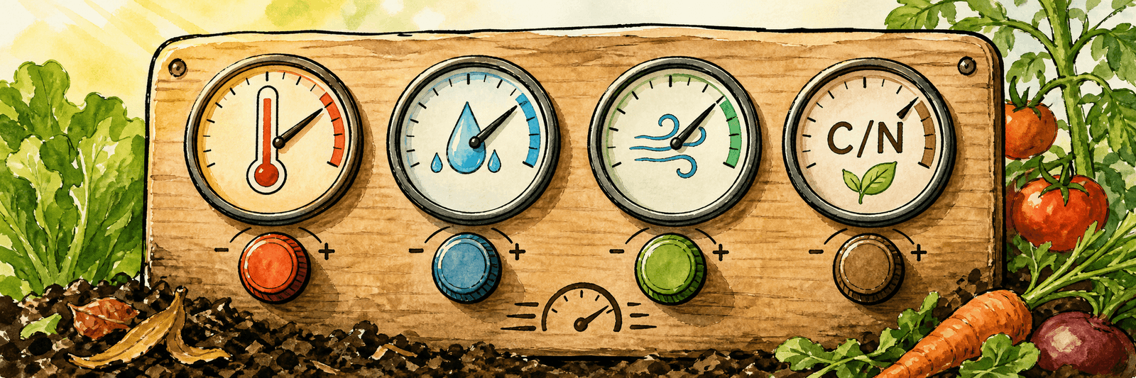 Vier Regler für Temperatur, Feuchte, Belüftung und C/N-Verhältnis steuern das Abbautempo
