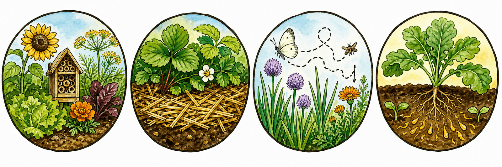 Vier Mechanismus-Icons der Mischkultur: Nischen, Bodendeckung, Schädlingsverwirrung und Allelopathie