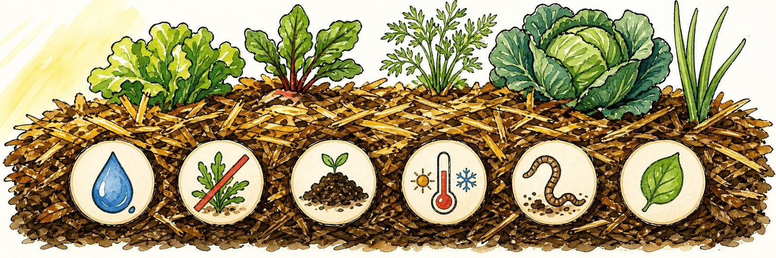 Eine Mulchschicht mit sechs Nutzen-Icons: Wasser sparen, Unkraut bremsen, Humus, Temperatur, Verschlämmung und Erosion