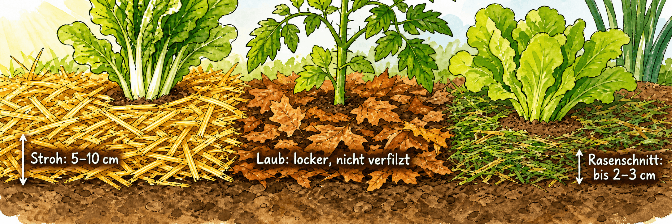 Mulchmaterialien im Vergleich: Stroh locker etwa 5–10 cm, Laub locker ohne Verfilzung, angewelkter Rasenschnitt dünn bis etwa 2–3 cm