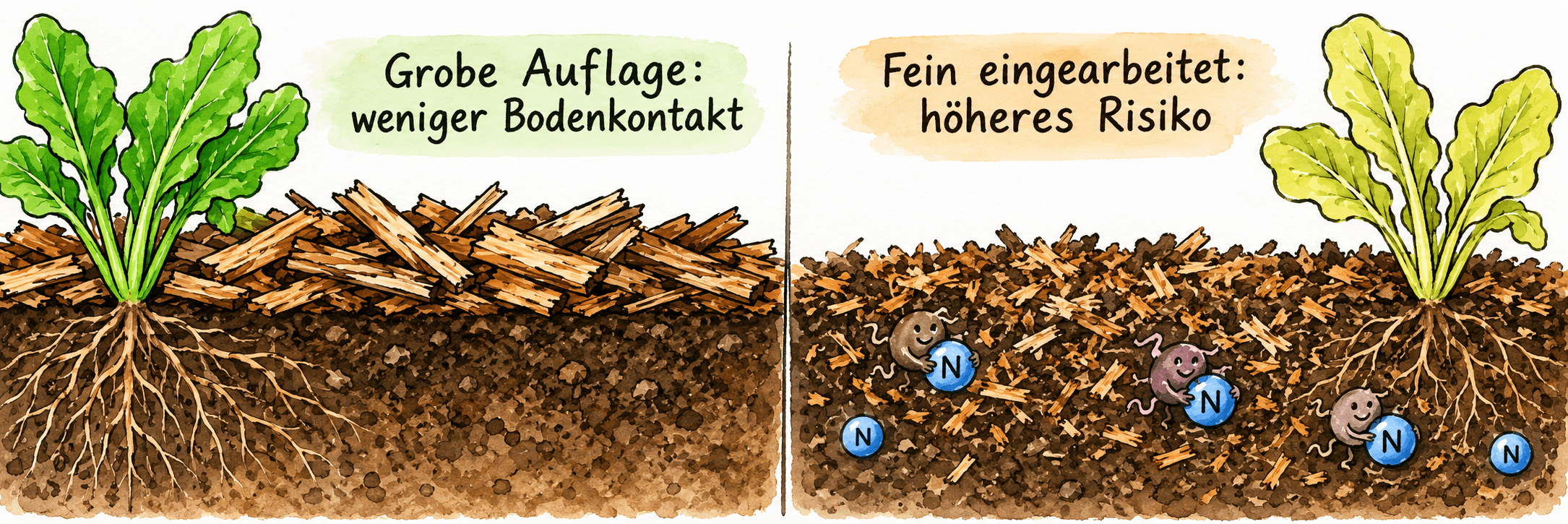 Vergleich von grobem Holzhäcksel als Oberflächenauflage und feinen Holzresten im Boden: mehr Bodenkontakt kann das Risiko einer Stickstofffestlegung erhöhen