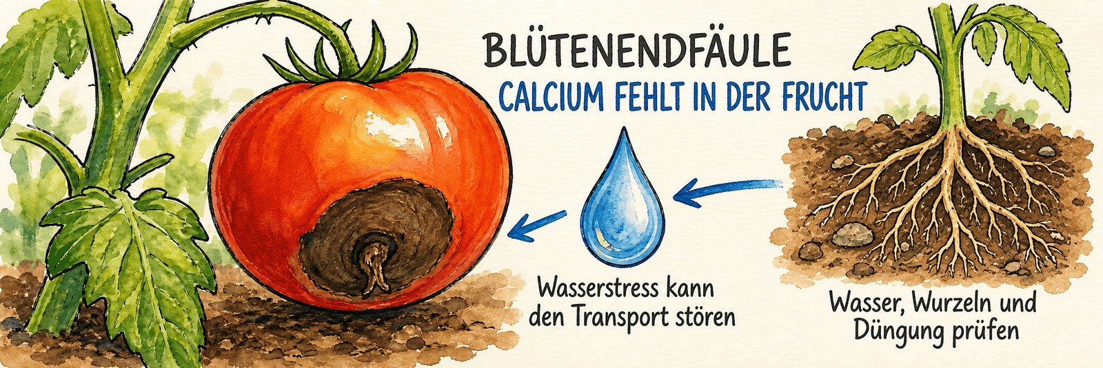 Tomate mit Blütenendfäule: Calcium fehlt lokal in der Frucht; Wasserstress kann den Transport stören, Wasser, Wurzeln und Düngung prüfen