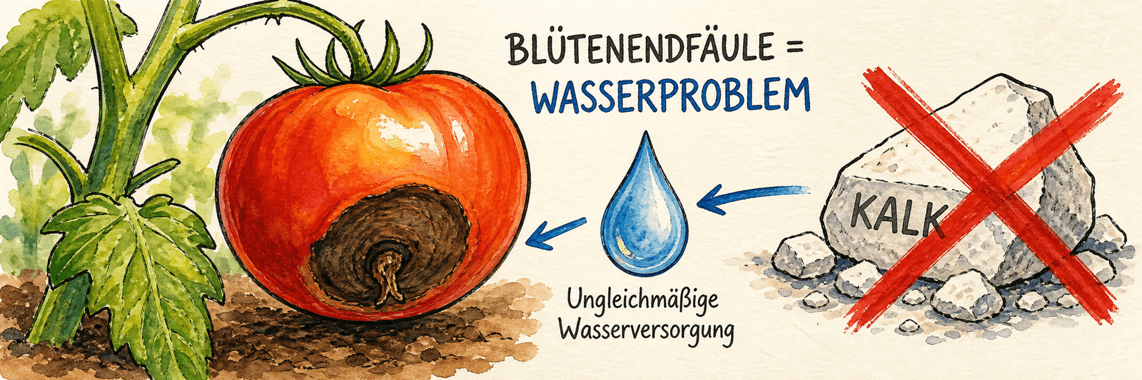 Tomate mit Blütenendfäule als Wasserproblem, durchgestrichener Kalk als falsche Ursache