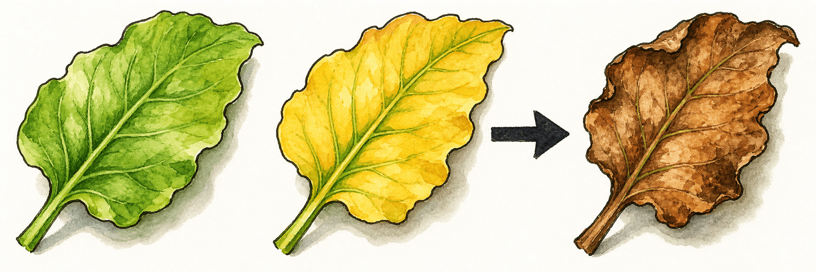 Blatt im Übergang von gelber, noch umkehrbarer Chlorose zur braunen, endgültigen Nekrose, mit Pfeil als Verlauf