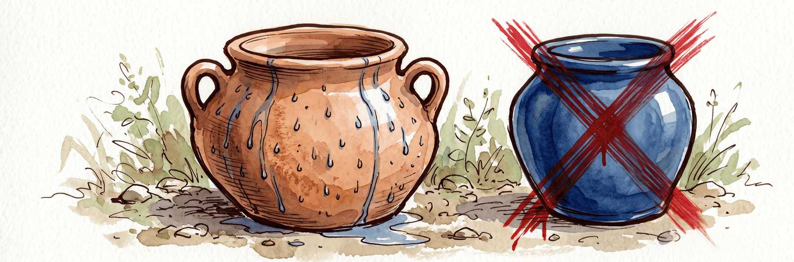 Illustration eines unglasierten Tongefäßes mit Wasseraustritt neben einem durchgestrichenen glasierten Gefäß