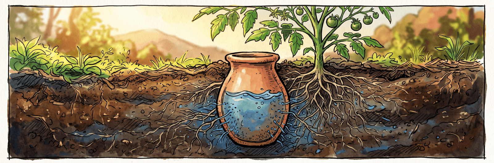 Schematischer Bodenschnitt mit einer Olla, Wasserabgabe durch die Tonwand und benachbarten Pflanzenwurzeln