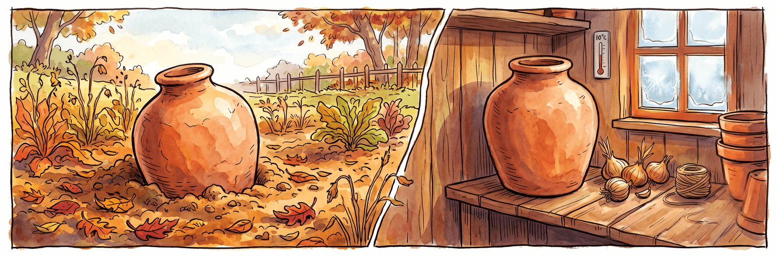 Illustration einer aus dem Beet genommenen Olla und eines trockenen Gefäßes im Lagerraum